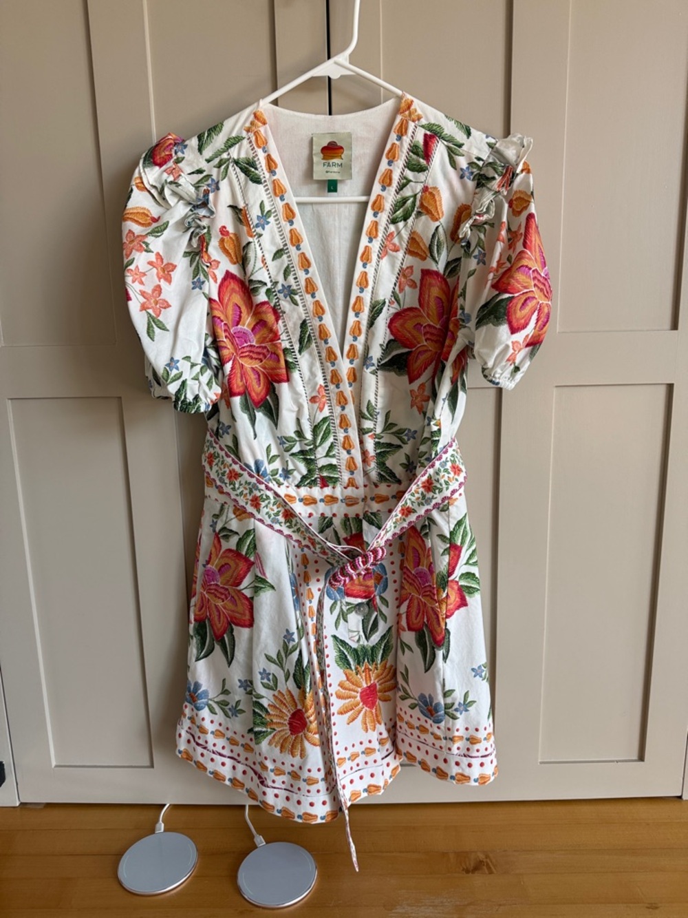 FARM Rio White Floral Embroidered V-Neck Romper with Pink and Orange Blooms